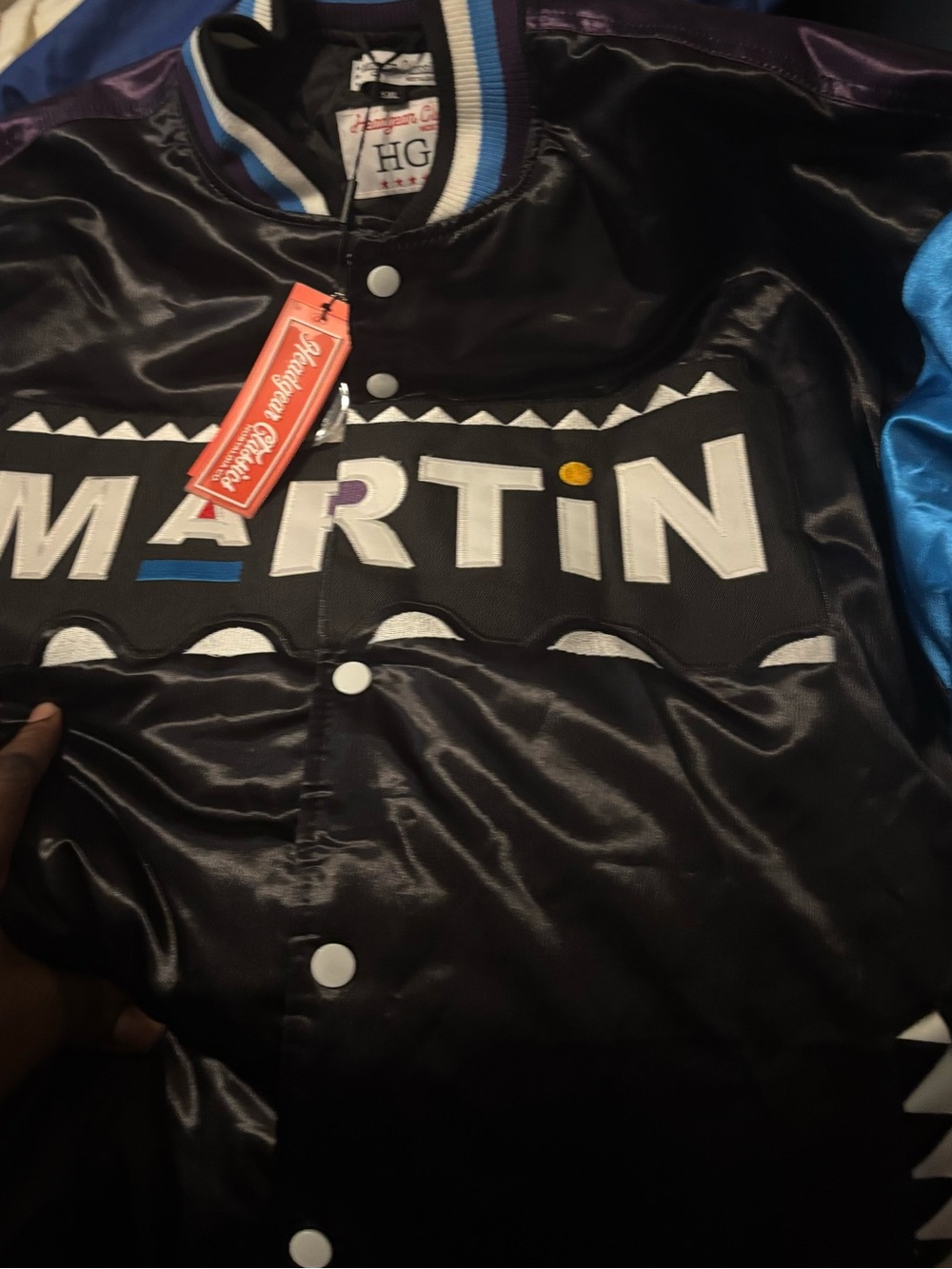 HG Martin Black Satin Varsity Bomber Jacket